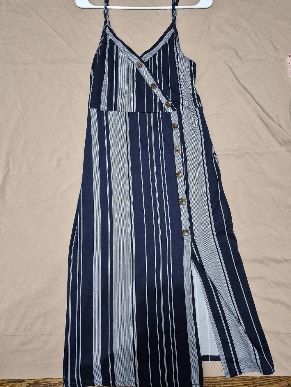 Gray And Navy Midi Dress Size Large Spaghetti Strap High Waist Side Slit